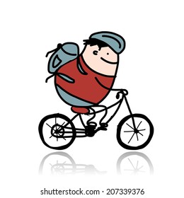 Tourist rides a bike, cartoon for your design