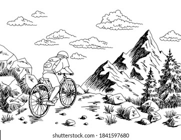 Turista montando una bicicleta en el camino de las montañas gráfico paisaje blanco negro vector