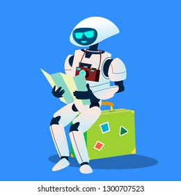 Tourist Robot With Camera And Map Vector. Isolated Illustration
