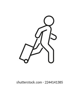 Tourist run to travel with suitcase, refugee, line icon. Vacation, journey with bag. Vector outline sign