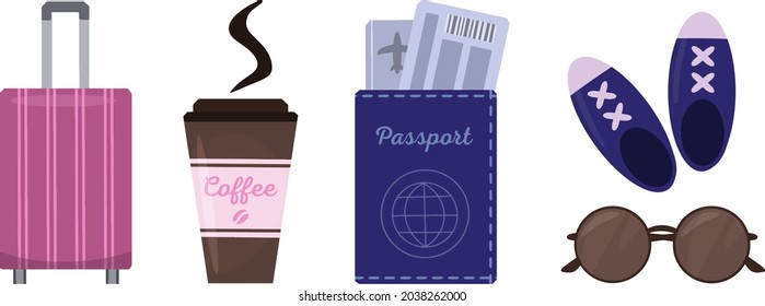 Tourist s items, passport, baggage, glasses, coffee cup, tickets. Colored flat vector illustration isolated on white background