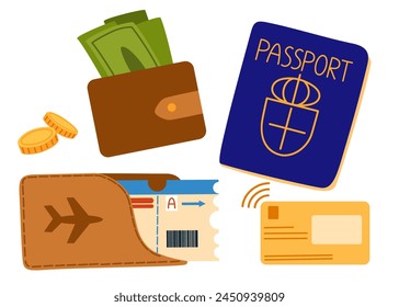 Tourist s items, passport, wallet with cash, boarding pass and flight ticket. Tourism and traveling by air plane concept. Colored flat vector illustration isolated on white background