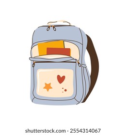 Tourist, school, or everyday backpack. A flat-style illustration of a bag. Books inside the backpack. A practical item for storing and carrying belongings. School, education, college, studying, travel