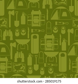 Tourist seamless pattern with camping equipment in flat style.