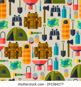 Tourist seamless pattern with camping equipment in flat style.
