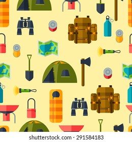 Tourist seamless pattern with camping equipment in flat style.