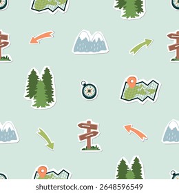 Tourist seamless pattern with compass, map with pointer, mountains, coniferous forest and arrows. Cartoon objects with paper cut shapes. Green, blue, red and brown colors. Vector design for textile