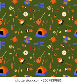 tourist seamless vector pattern green with objects that says I love hiking