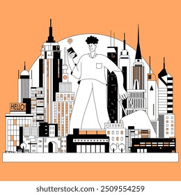 A tourist searching for a location on a smartphone in a miniature city resembling New York, in a flat design style.
