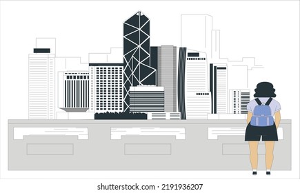 Tourist see Victoria harbor from Kowloon side to the Hong Kong Island. Scenic view of traditional Chinese wooden sailing ship with red sails and skyscrapers of downtown. vector illustration