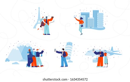 Tourist selfie set - cartoon people in travel destinations taking pictures