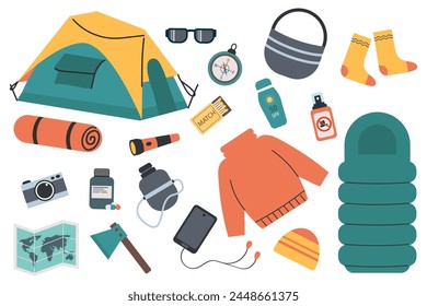 Tourist set, camping equipment, set of elements for a hike. Vector illustration
