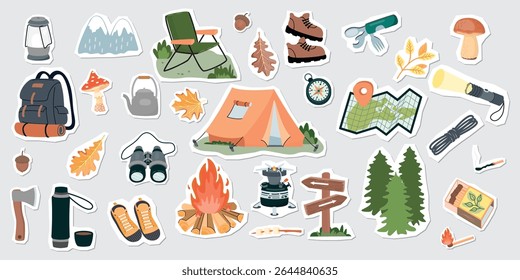 Tourist set of cartoon objects for camping. Tent, fire,  forest, mountains, mushrooms, backpack, autumn leaves, chair, tools and devices, boots. Collage elements with paper cut shapes. Vector designs.