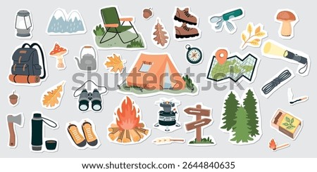 Tourist set of cartoon objects for camping. Tent, fire,  forest, mountains, mushrooms, backpack, autumn leaves, chair, tools and devices, boots. Collage elements with paper cut shapes. Vector designs.