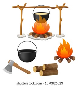 Tourist set. Color images of campfire, firewood and of bowler on white background. Camping and hikings. Vector illustrations.