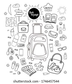 Tourist set. Doodle linear drawings of luggage for tour and vacation. Things are all necessary for a person to travel. Bon voyage. All elements are isolated.