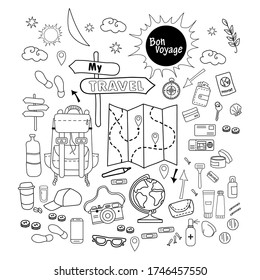 Tourist set. Doodle linear drawings of luggage for tourist and travel. Traveling things and objects are all for a person and comfort. All elements are isolated.