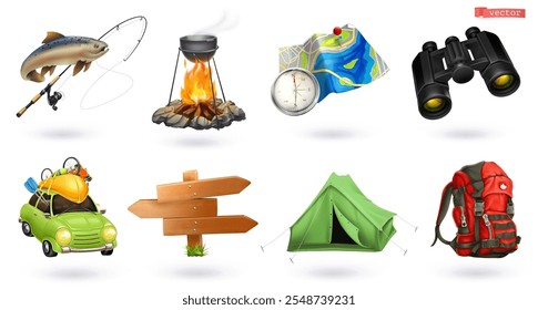 Vetor de desenhos animados 3d com ícone de conjunto turístico. Vara de pesca e truta, fogo, mapa e bússola, binóculos, carro, sinal, tenda, mochila