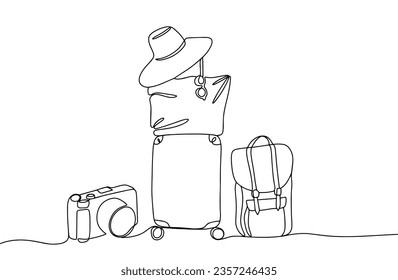 Lugar turístico. Maleta, mochila, bolsa, sombrero y gafas de sol. Día Mundial del Turismo. Un dibujo de línea para diferentes usos. Ilustración vectorial.