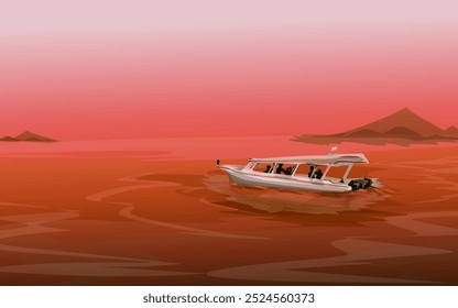 a tourist ship carrying passengers for a summer vacation trip with a reddish orange background