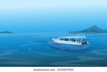 a tourist ship carrying passengers for a summer vacation trip with a cloudy blue sky background