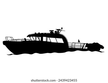 Tourist ship is sailing on the sea. Isolated object on white background