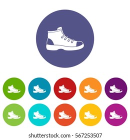 Tourist shoe set icons in different colors isolated on white background