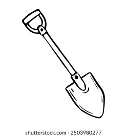 Tourist shovel hand drawn in doodle style. Camp equipment. Item for digging. Vector line art illustration.