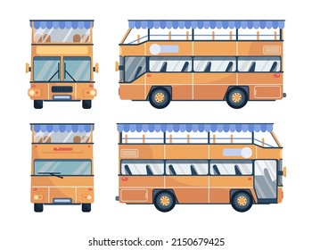 Tourist or sightseeing bus, front, back and side view. Double decker city visiting bus with open top. Flat vector illustration