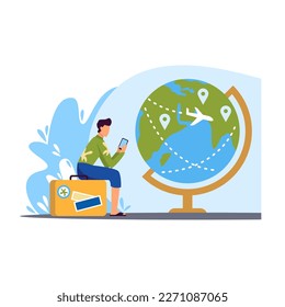 Tourist sits on his suitcase in front of travel map color 2d vector graphic. Passenger with baggage ready for trip and vacation around world. Travel abroad flat art, cartoon illustration