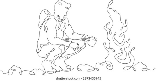 Tourist sitting by the fire. A man drinks a hot drink by the fire on a hike. A stop on the journey. One continuous line drawing. Linear. Hand drawn, white background. One line.