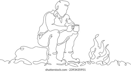 Tourist sitting by the fire. A man drinks a hot drink by the fire on a hike. A stop on the journey. One continuous line drawing. Linear. Hand drawn, white background. One line.