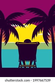A tourist is sitting on beach chair at sunset. Summer time and happy holiday concept flat design style. Can be used for print, brochure, backdrop, leaflet, flyer, banner, vector illustration