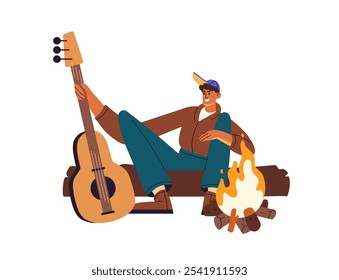 Tourist sitting on log plays guitar near campfire during hiking. Man with trekking music instrument relaxes at nature, outdoors. Hiker has fun in campsite. Flat isolated vector illustration on white