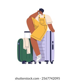 Tourist sitting on suitcase, speaking on phone. Happy passenger talking on smartphone, waiting for flight with luggage, baggage, travel bags. Flat vector illustration isolated on white background