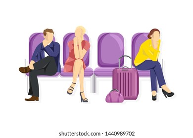 Tourist sitting Vector flat style. People waiting on the chairs. White background template