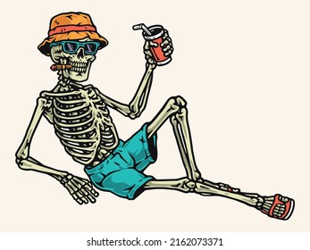 Tourist skeleton colorful vintage element Smoking cigarette in Hawaiian-style beachwear and cold drink Tropical vacation vector illustration