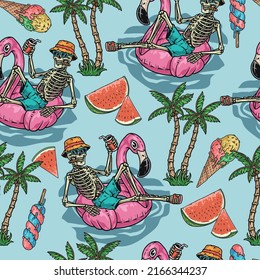 Tourist skeleton pattern seamless colorful vintage floating on inflatable flamingo in sea among palm trees and cold desserts vector illustration