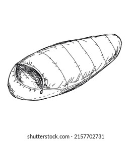 Tourist sleeping bag sketch engraving vector illustration. camping equipment, blanket for sleeping.