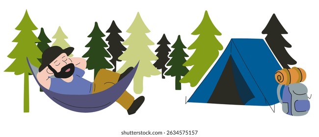 Tourist sleeps in hammock with his arms behind his head, with tent and hiking gear nearby. 