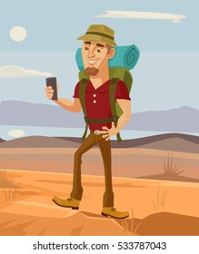 Tourist smiling man character using smart phone. Vector flat cartoon illustration