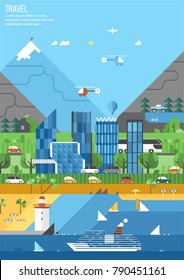 Tourist southern city on the coast. Beach vacation. Transportation by land, water and air. Modern city in the background of a mountain landscape.