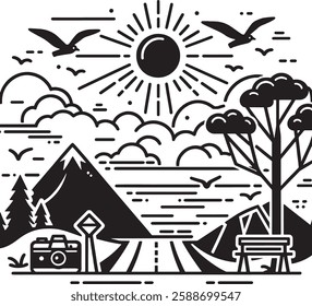tourist spot with hill cloud sea tree sun birds silhouette line art black and white premium stock photos clean white background illustration