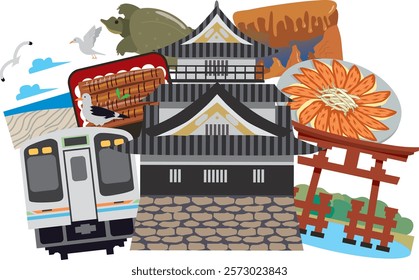 Tourist spots and gourmet illustrations of Hamamatsu City, Shizuoka Prefecture, Japan