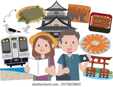 Tourist spots and gourmet illustrations of Hamamatsu City, Shizuoka Prefecture, Japan