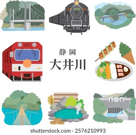 Tourist spots and gourmet illustrations of Oigawa, Shizuoka Prefecture, Japan(Translation:Japanese place name: Oigawa, Shizuoka Prefecture）
