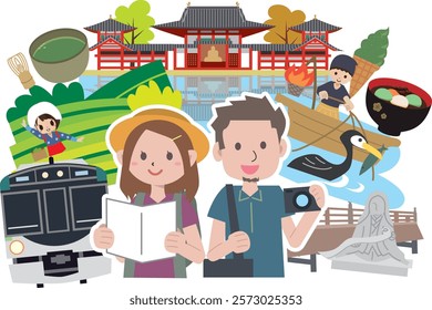 Tourist spots and gourmet illustrations of Uji City, Kyoto Prefecture, Japan