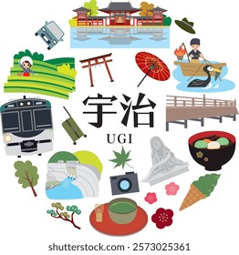 Tourist spots and gourmet illustrations of Uji City, Kyoto Prefecture, Japan