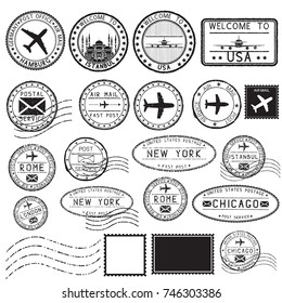 Tourist stamps and postmarks. Collection of round ink stamps. Vector illustration isolated on white background