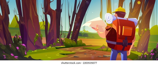 Tourist stand at beautiful wood landscape look in map check the route. Hiking sport, orienteering, travel journey, adventure concept. Traveler with backpack in deep forest. Cartoon vector illustration